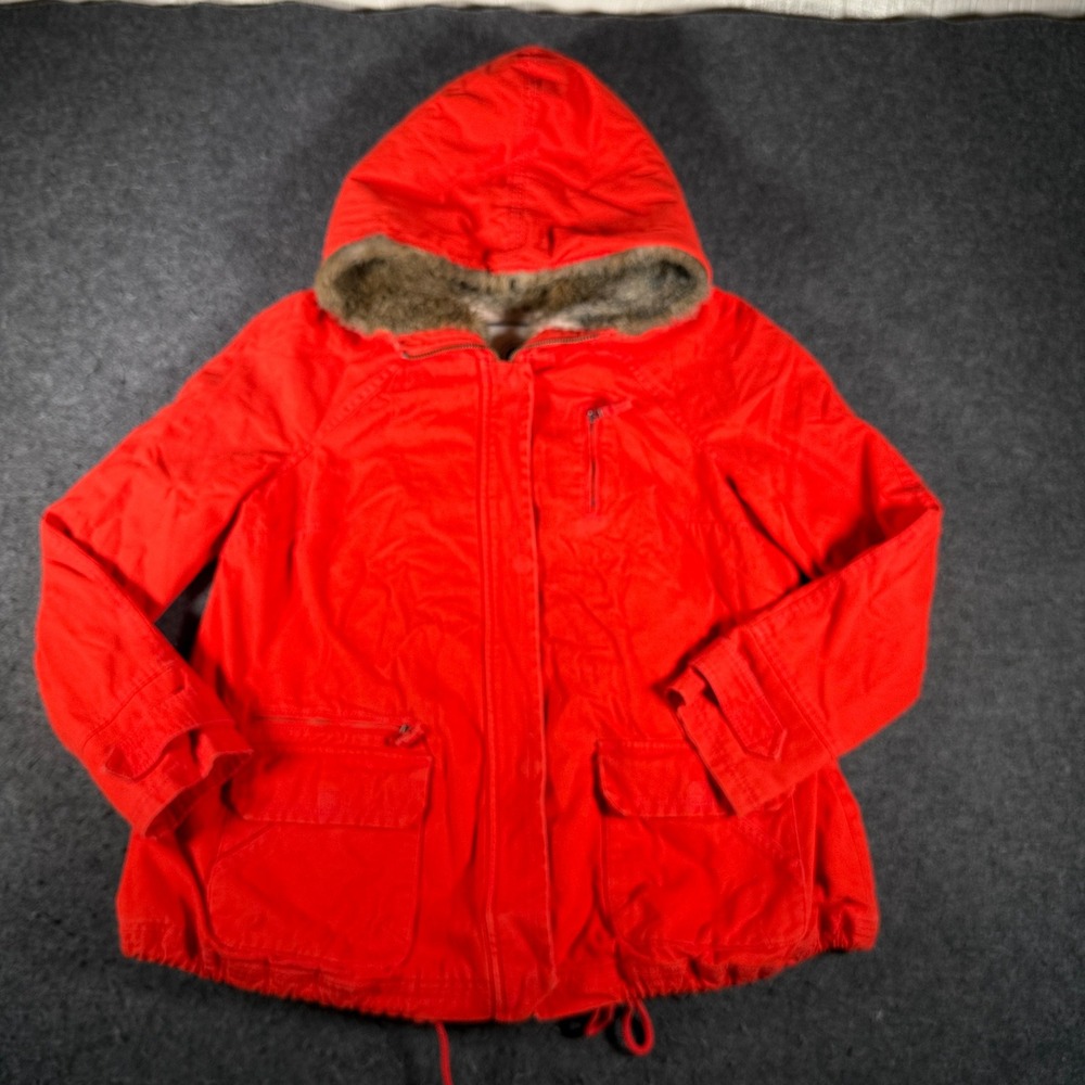 Daughters of the Liberation Red Cotton Faux Fur Trim Hooded Parka Jacket Y2K M